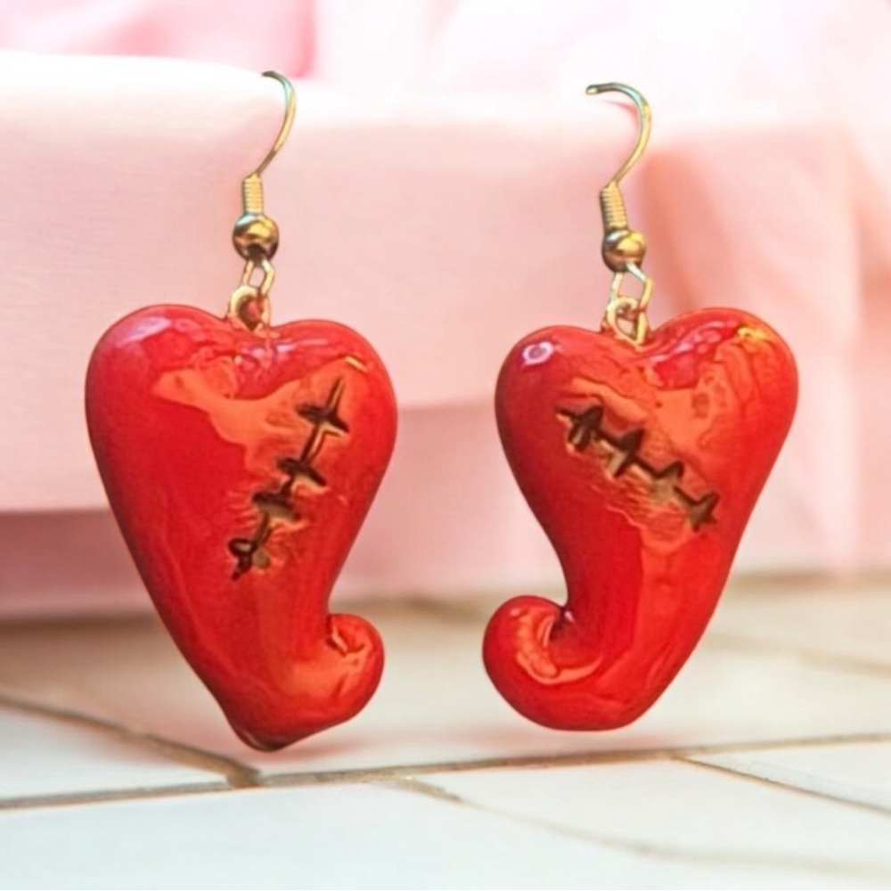 Heart with Stitches Goth Earrings
